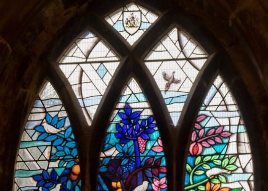 Depiction of the Tree of Life on a stained glass window from St. Mary's church in the town of Melton Mowbray in Leicestershire, England.