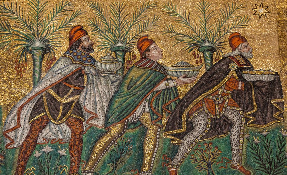 Mosaic of Three Wise Men wearing trousers and Phrygian caps in Basilica of St Apollina, Ravenna, Italy.