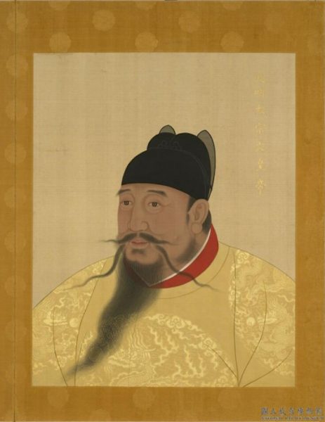 Portrait of Yongle emperor from china wears yellow traditional robe and black hat has a long beard