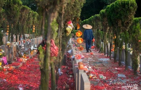 The whole area is littered with spirit money and trash after the celebrations are over.