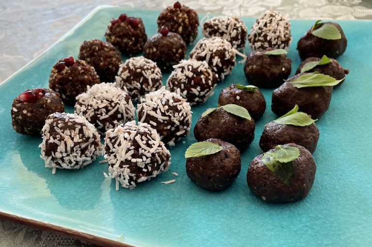 protein balls on aqua color plate