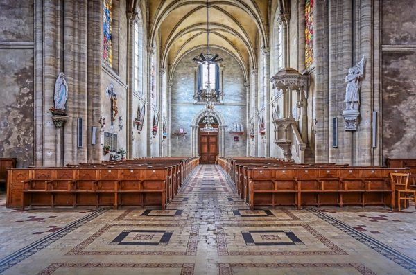 Inside a Catholic church in Normandy, France.
