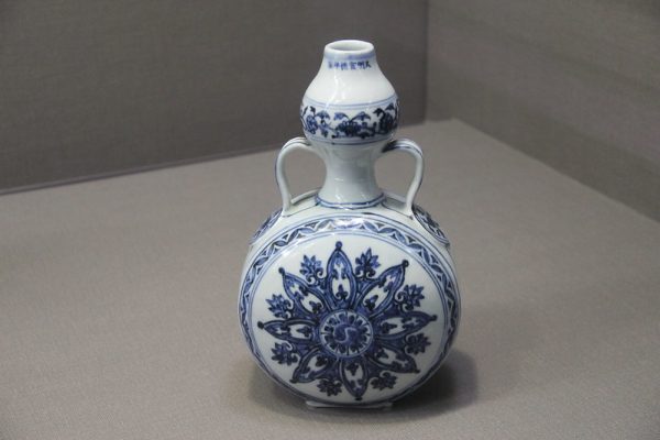 Blue and white Ming porcelain on display at the Palace Museum in Taiwan.