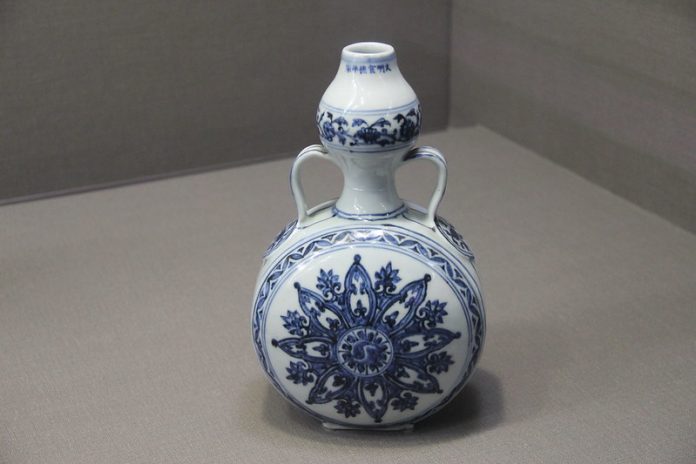 Blue and white Ming porcelain on display at the Palace Museum in Taiwan.