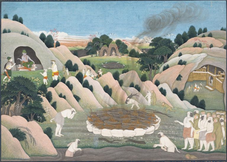 monkey king painting lots of monkeys in a village collecting firewood a fire burns