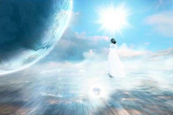 Image of celestial ascension rendering the faith in a world beyond this one.