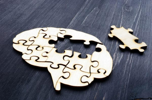 A jigsaw puzzle shaped like the brain, made out of light-colored wooden pieces sits on a dark gray surface,