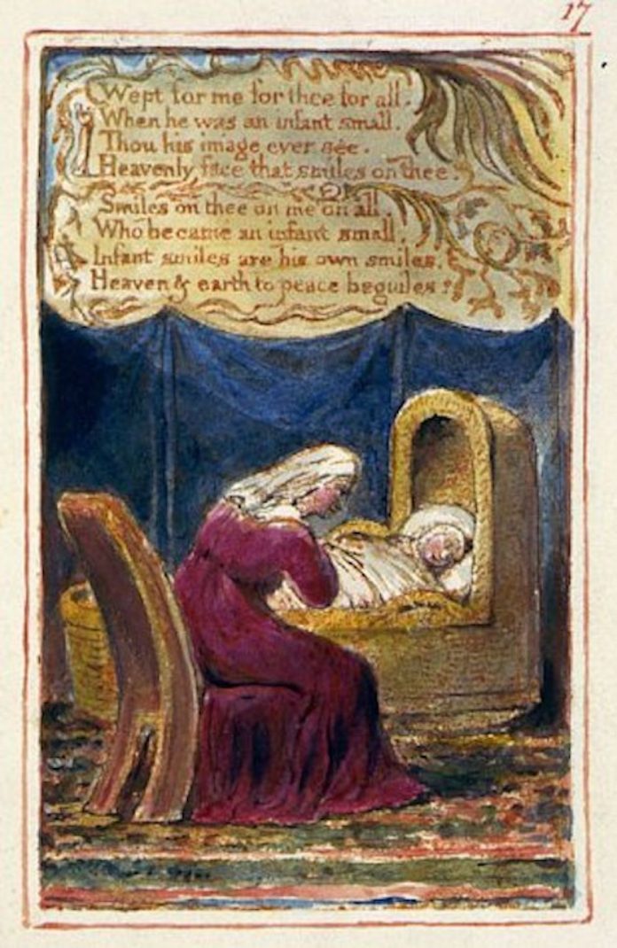 Mother sits over child in cradle in illustration and second part of the poem