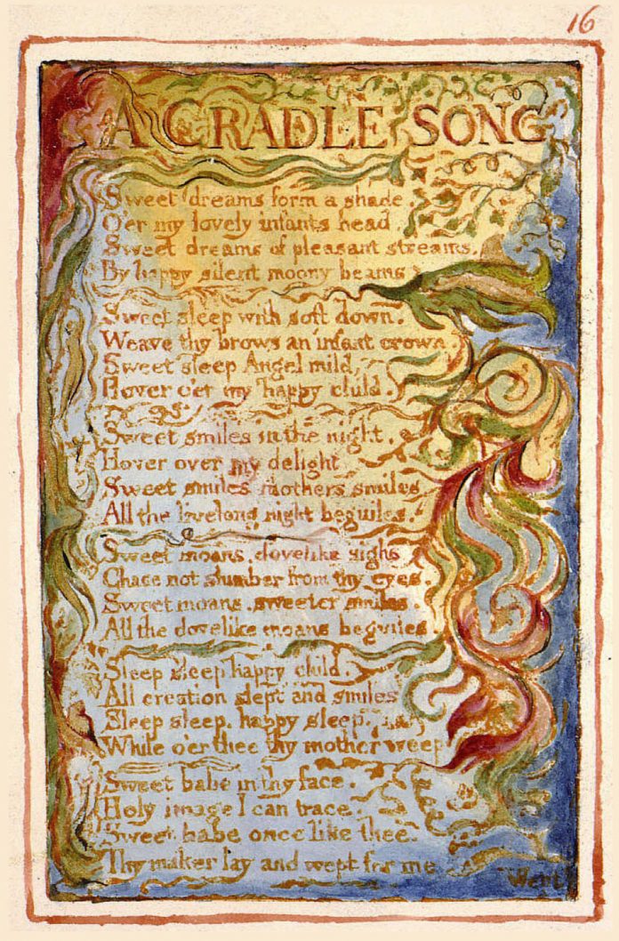 A Cradle Song the original poem as hand written and painted in gold red and green colors from William Blake