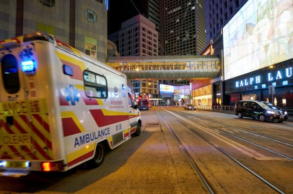 Ambulance seen in Hong Kong at night.
