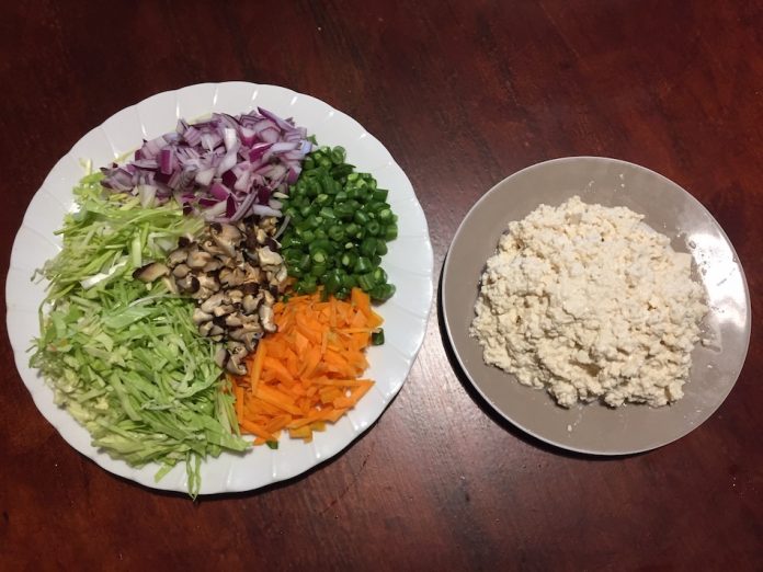 Vegetables and tofu chopped and prepped.