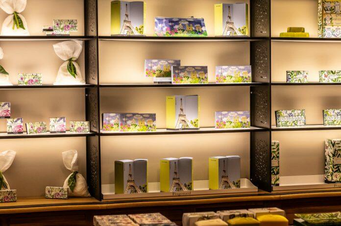 Perfumery products for sale at the the Fragonard perfume boutique connected to the Fragonard Musée du Parfum, Paris, France.