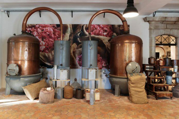 Traditional equipment used for perfume distillation for the production of perfume in Fragonard factory.