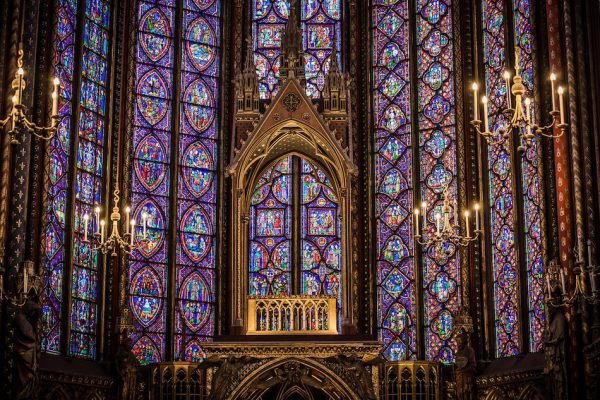 purple stained glass windows and gold trimmings Sainte Chapelle France