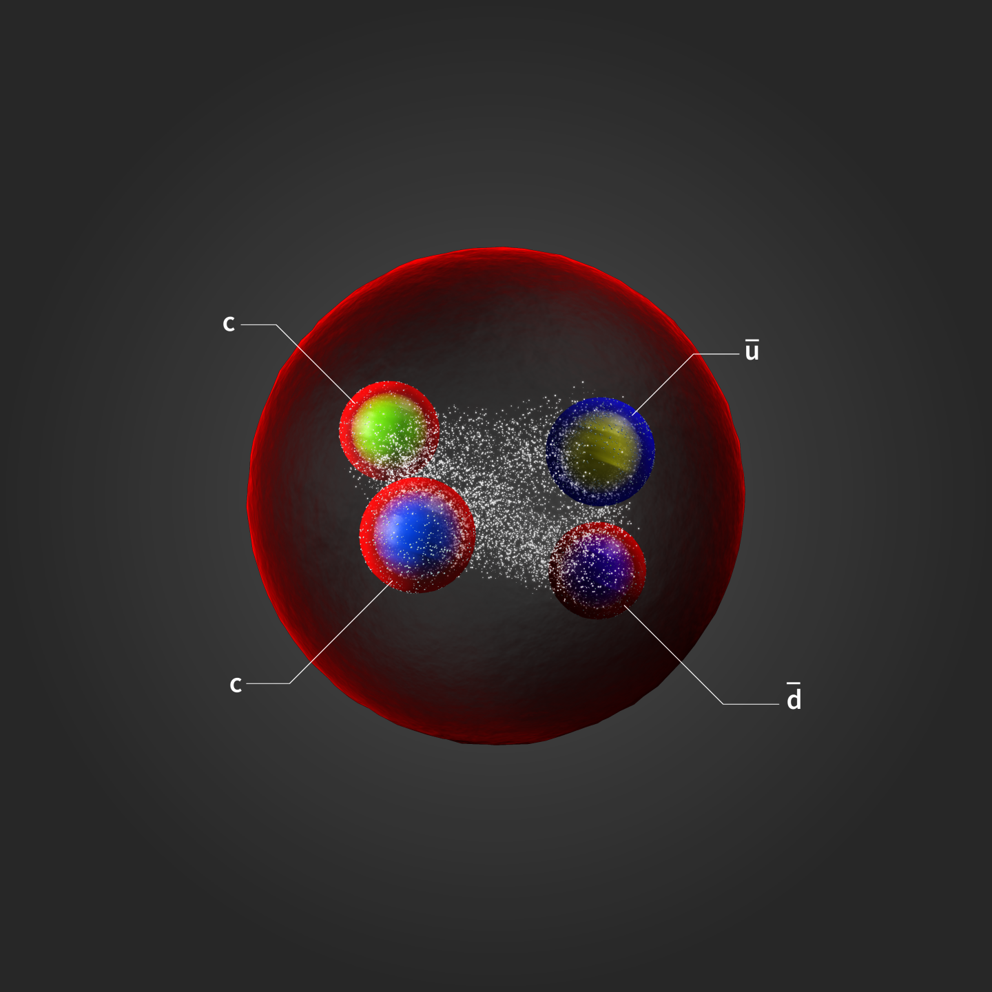 An artist’s impression of the exotic matter particle Tcc+, a tetraquark composed of two charm quarks and an up and a down antiquark.