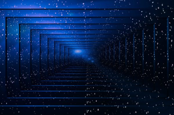 Artist's rendering of a 3D time tunnel: Stars in outerspace expanding outward to infinity.