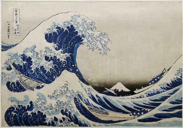 By Katsushika Hokusai - Marie-Lan Nguyen (2011), Public Domain, https://commons.wikimedia.org/w/index.php?curid=18807950 A Famous print by Katsushika Hokusaitathat. The print is part of a collection of 36 views of Mount Fuji. The painting shows big waves with a row boat riding the waves. Mount Fuji can be seen through a gap in the waves.