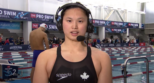 Maggie Mac Neil in a commentary at poolside just after her victory at the 2020 Olympics in Tokyo.