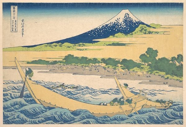 By Katsushika Hokusai - This file was donated to Wikimedia Commons as part of a project by the Metropolitan Museum of Art. See the Image and Data Resources Open Access Policy, CC0, https://commons.wikimedia.org/w/index.php?curid=58788285 A print from the 36 views of Mount Fuji. The print is by Katsushika Hokusai and pictures Tago bay in times prior to modern civilisation. The bay is in the foreground with an old style Japanese row boat and animals on the beach with Mount Fuji in the background.
