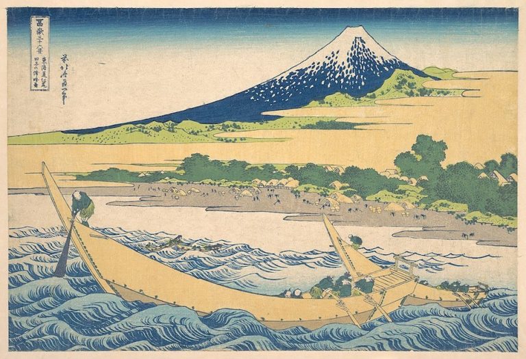 A print from the 36 views of Mount Fuji. The print is by Katsushika Hokusai and pictures Tago bay in times prior to modern civilisation. The bay is in the foreground with an old style Japanese row boat and animals on the beach with Mount Fuji in the background.