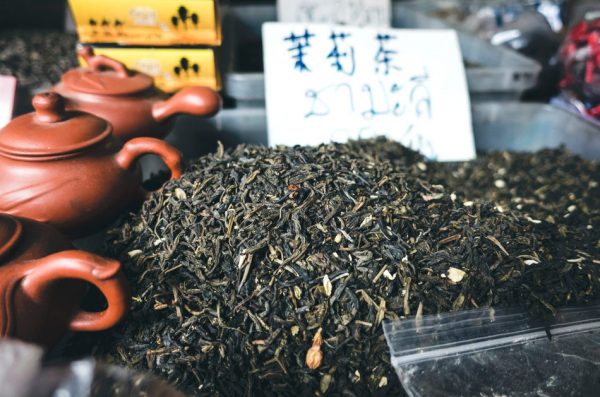 Jasmine tea in bulk in a bin for sale.