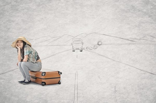 Photo compilation with hand drawn background of an Asian woman missing a bus.
