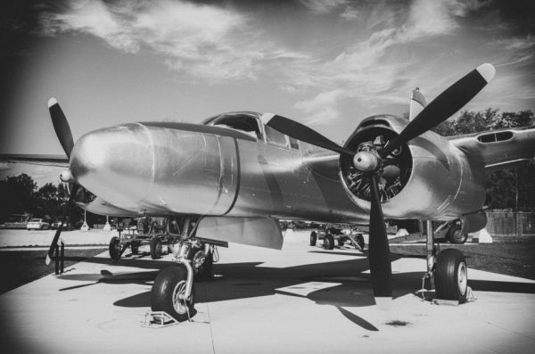 Black and white photo of an old war plane.