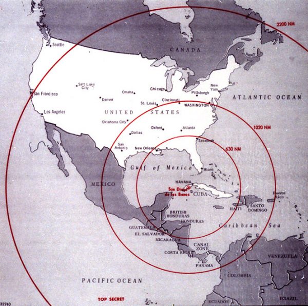 A map showing the range of Soviet missiles deployed in Cuba during the Cuban missile crisis.