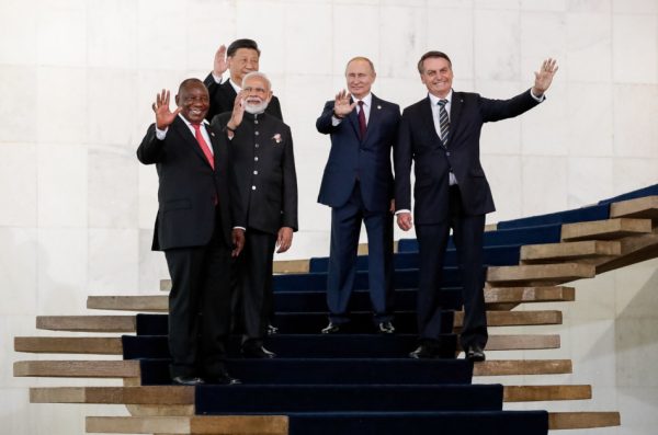 India's Prime Minister Modi seen with the leaders of Brazil, Russia, China, and South Africa at the 11th BRICS Summit held in Brazil in 2019.