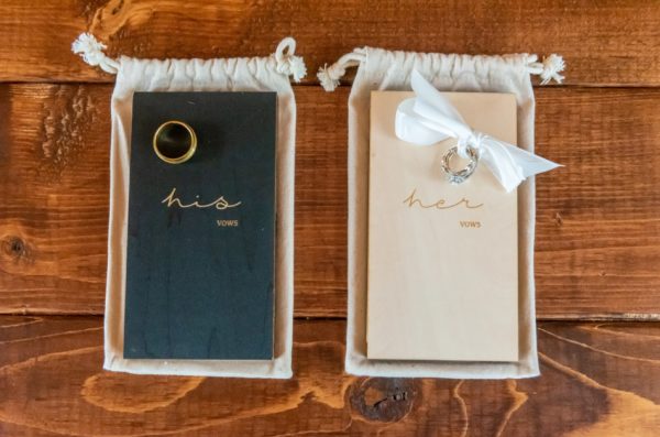 A high angle shot of the bride and groom`s wedding rings on notebooks that say "his vows" and "her vows".