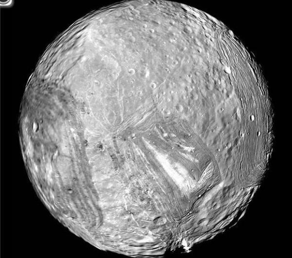 Uranus' icy moon Miranda is seen in this image from NASA's Voyager 2 probe on Jan. 24, 1986.