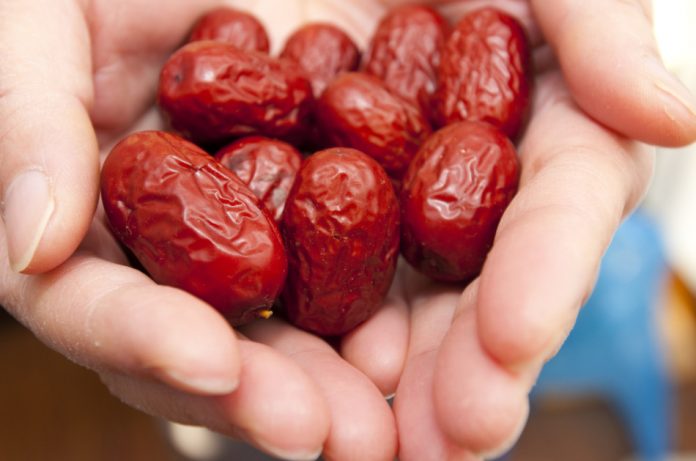 Closeup of a woman's outstretched hands filled with red dates.