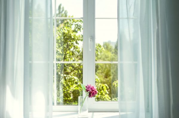 Window with curtains and flowers.