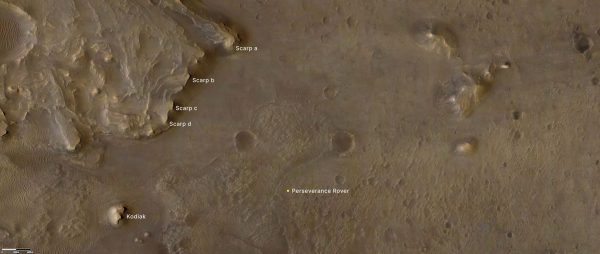 The remnant of Jezero Crater’s rover delta the science team refers to as “Kodiak” is to the lower left.