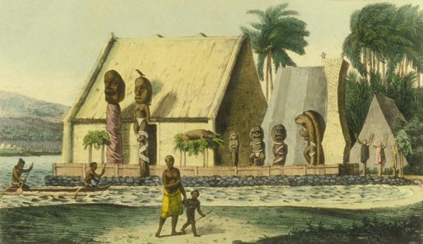 By Jean-Pierre Norblin de La Gourdaine - Public Domain, https://commons.wikimedia.org/w/index.php?curid=17263258 A painting of a traditional Hawaii temple with statues carved out of palm tree trunks. The temple is made out of Palm leaves and wooden. A rock fence and the beach is in the front of the picture with Hawaiian people dressed in traditional dress.