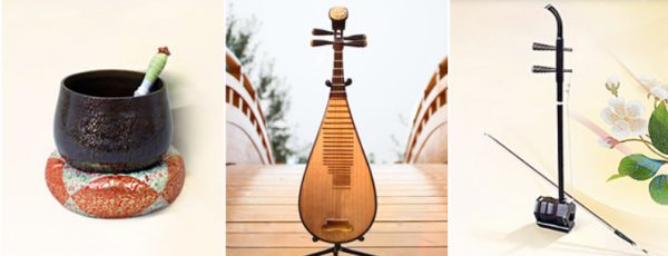 Traditional Chinese musical instruments from left to right: The chime bowl, pipa, and two-stringed erhu.