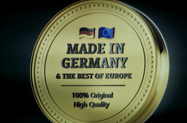 A made in Germany sign, and The Best of Europe, 100 Original, High Quality. Advertising sign on the outside of a tourist shop selling authentic German and European souvenirs.