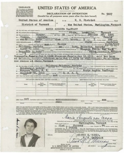 Maria von Trapp’s Declaration of Intention to become a U.S. citizen.
