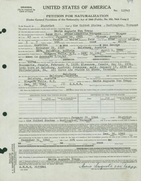 Maria von Trapp's petition for naturalization as a U.S. citizen.
