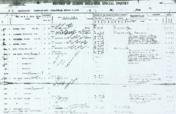 This record of aliens held for special inquiry, dated October 7, 1939, notes that the family was to clear up confusion about the von Trapps’ status.