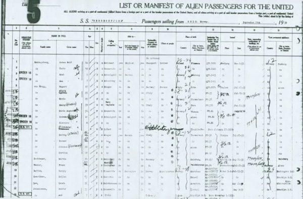 Passenger list of the SS Bergensfjord, dated September 27, 1939. The von Trapp family is listed at line 5.