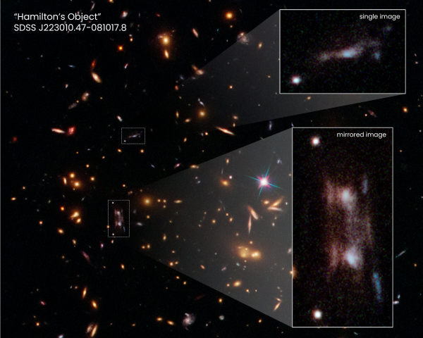 This Hubble Space Telescope snapshot shows three magnified images of a distant galaxy embedded in a cluster of galaxies. These images are produced by a trick of nature called gravitational lensing and produced the seeming double galaxy.