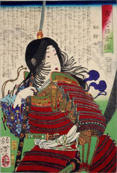 A painting of Tomoe Gozen in Samurai armor by Tsukioka Yoshitoshi.