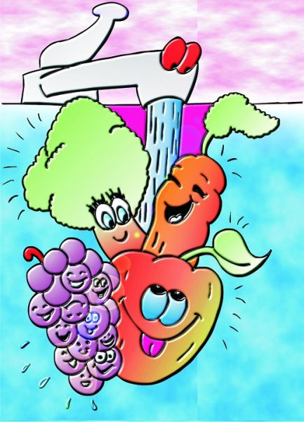 Illustration of cartoon fruits and vegetables with happy smiles on their faces while being washed in the sink.