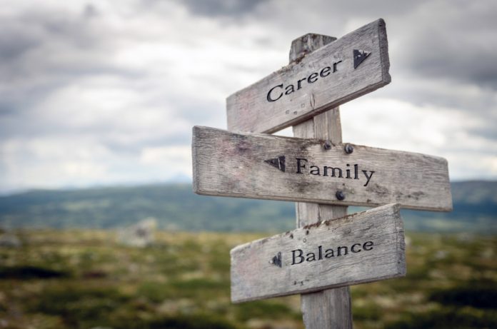 Career, family and balance text on wooden sign post outdoors in landscape scenery.