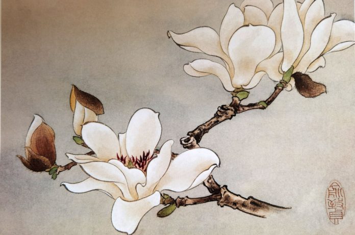 Antique Chinese painting of white jade orchids.