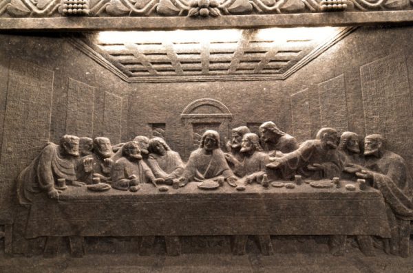 A version of the Last Supper carved from salt in the Wieliczka salt mine.
