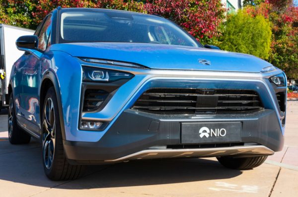 The Nio ES8, an all-electric, 7-seater midsize sport utility vehicle manufactured by Chinese automobile manufacturer Nio, seen in blue.