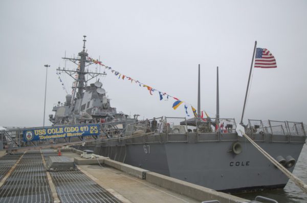 USS Cole guided missile destroyer of the United States Navy in harbor.