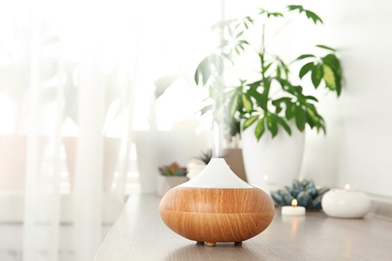 Essential oil diffuser with a wooden base sits on a shelf next to some candles in the living room with a potted plant in the background.